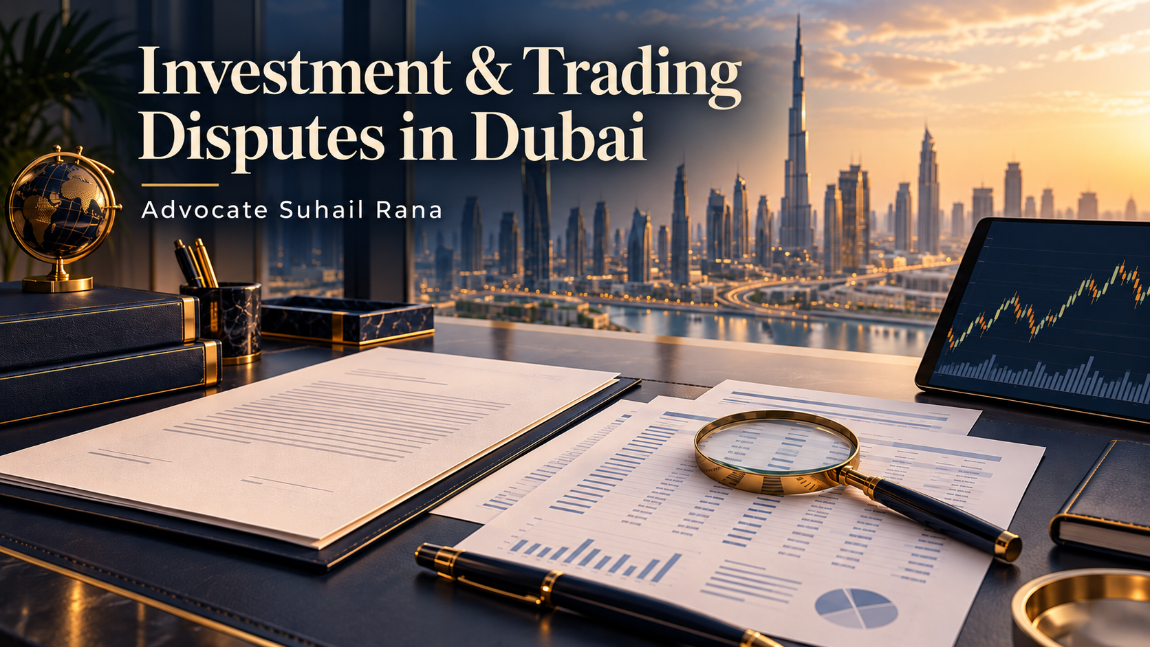 Investment and trading dispute documents with Dubai skyline